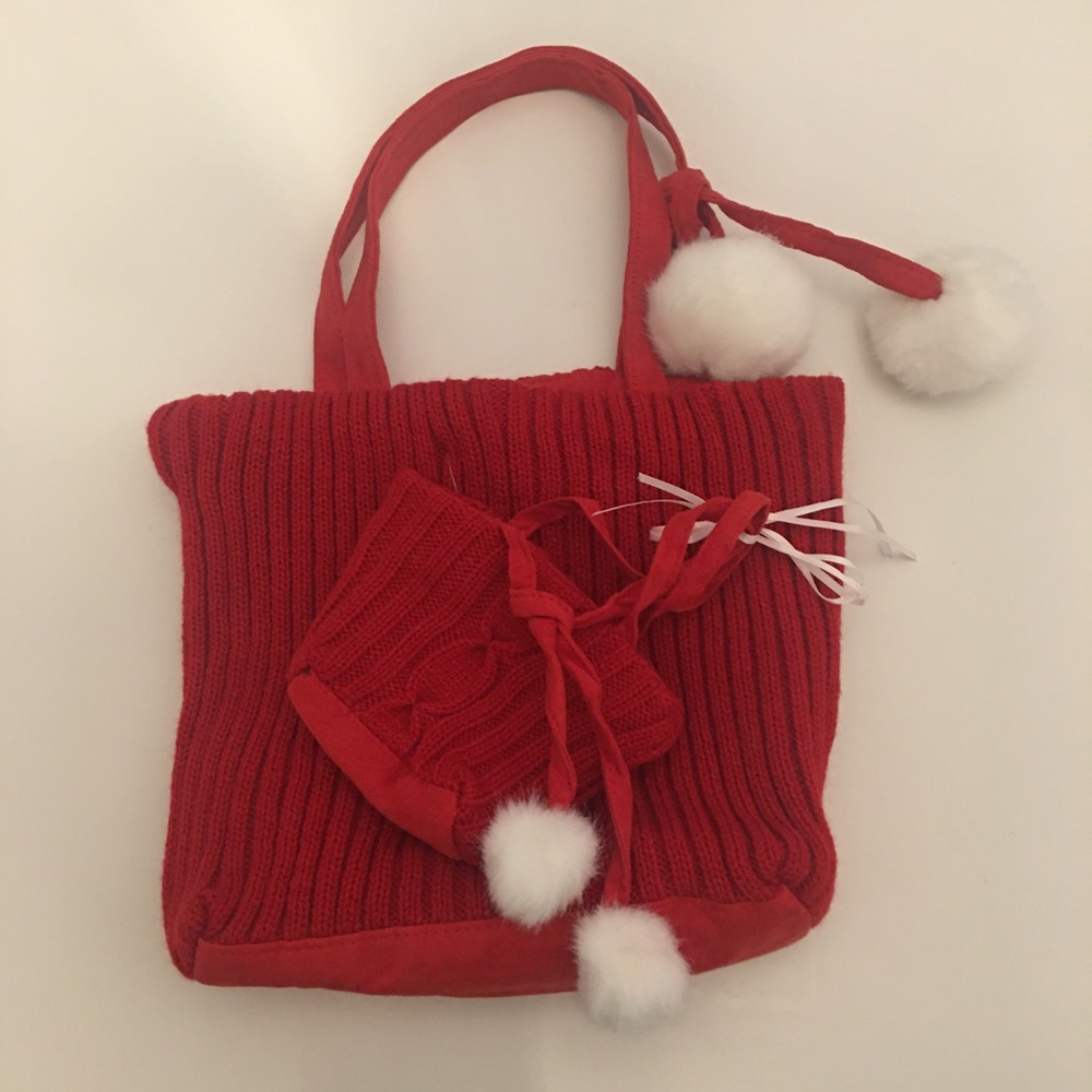 2/$18 Never Used Red Knit Pom Pom Bag with Identical Mini Knit Bag
